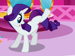 Size: 531x398 | Tagged: safe, edit, edited screencap, screencap, rarity, pony, unicorn, g4, ponyville confidential, season 2, blue eyes, blue eyeshadow, carousel boutique, eyeshadow, female, frown, looking down, makeup, mare, open mouth, out of context, purple hair, purple mane, purple tail, raised leg, solo, tail, white coat, white fur, white pony