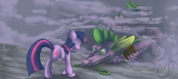Size: 1920x859 | Tagged: safe, artist:batlover800, spike, twilight sparkle, g4, adult spike, book, duo, older, water