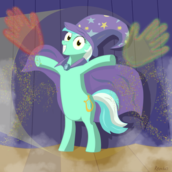 Size: 1600x1600 | Tagged: safe, artist:revokat, lyra heartstrings, pony, unicorn, g4, cape, clothes, female, hand, hat, irrational exuberance, magic hands, mare, rearing, solo, stage, the great and powerful, trixie's cape, trixie's hat