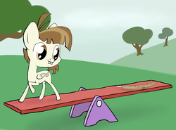 Size: 2500x1850 | Tagged: safe, artist:ambrosebuttercrust, featherweight, pegasus, pony, g4, feather, featherbetes, folded wings, male, pun, seesaw, solo, visual pun, wings