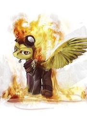 Size: 760x1052 | Tagged: safe, artist:xatiav, spitfire, pony, g4, clothes, female, fire, goggles, jacket, mane of fire, solo, spitfiery, spitfire's hair is fire