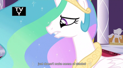 Size: 851x474 | Tagged: safe, screencap, princess celestia, alicorn, pony, g4, the crystal empire, alcohol, caption, female, frown, gritted teeth, meme, solo, text, tv rating, tv-y, worried, youtube caption