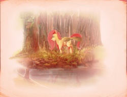 Size: 1462x1122 | Tagged: safe, artist:xatiav, fluttershy, pegasus, pony, g4, female, forest, looking away, mare, outdoors, river, solo, spread wings, wings