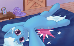 Size: 1506x935 | Tagged: safe, artist:lurarin, trixie, twilight sparkle, pony, unicorn, g4, bed, female, implied lesbian, implied shipping, implied twixie, looking at you, mare, on back, solo