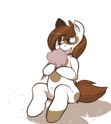 Size: 600x673 | Tagged: safe, artist:mangneto, pipsqueak, pony, g4, cotton candy, food, licking, male, pixel-crisp art, sitting, solo, squeakabetes, tongue out