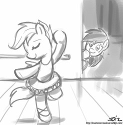 Size: 837x850 | Tagged: safe, artist:johnjoseco, rainbow dash, scootaloo, pegasus, pony, g4, ballet, bipedal, clothes, cute, cutealoo, dancing, dress, eyes closed, female, filly, foal, grayscale, mare, monochrome, shoes, signature, skirt, skirtaloo, smiling, tutu