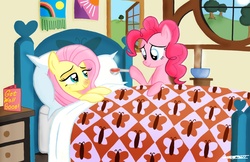 Size: 1680x1086 | Tagged: safe, artist:walliscolours, fluttershy, pinkie pie, earth pony, pegasus, pony, g4, bed, blanket, caring for the sick, cold, feeding, female, get well soon, hoof hold, lidded eyes, looking at each other, looking at someone, lying down, magnetic hooves, mare, on back, pillow, red nose, sick, signature, smiling, soup, spoon