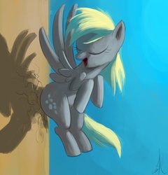 Size: 679x706 | Tagged: safe, artist:grissaecrim, derpy hooves, pegasus, pony, g4, the last roundup, butt bump, eyes closed, female, flying, iron plot, mare, open mouth, scene interpretation, solo