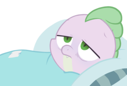 Size: 900x607 | Tagged: dead source, safe, artist:queencold, spike, dragon, g4, bed, in bed, male, pale, sick, simple background, solo, transparent background
