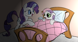 Size: 1416x771 | Tagged: dead source, safe, artist:rubrony, rarity, sweetie belle, pony, unicorn, g4, bed, caring for the sick, magic, medicine, sick, spoon