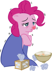 Size: 486x661 | Tagged: safe, artist:ponyrake, pinkie pie, earth pony, pony, g4, blanket, cold, female, red nosed, sick, simple background, solo, soup, tissue, tissue box, transparent background