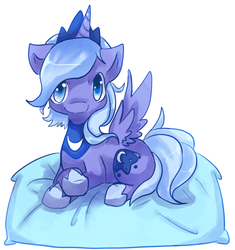 Size: 592x629 | Tagged: safe, artist:cheerubi, princess luna, alicorn, pony, g4, backwards cutie mark, chibi, crossed hooves, female, horn, jewelry, looking at you, pillow, regalia, simple background, solo, white background, wings, woona