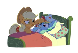Size: 949x650 | Tagged: safe, artist:carnifex, applejack, rainbow dash, earth pony, pegasus, pony, g4, applejack's hat, backwards thermometer, bed, blanket, comforting, commission, cowboy hat, female, freckles, hat, ice pack, lesbian, looking at each other, looking at someone, lying down, mare, on back, pillow, red nosed, ship:appledash, shipping, sick, simple background, thermometer, white background