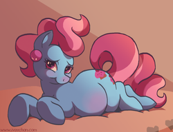 Size: 1064x819 | Tagged: safe, artist:iveechan, cup cake, earth pony, pony, g4, :t, bedroom eyes, belly blush, blushing, female, looking at you, pregnant, prone, smiling, solo
