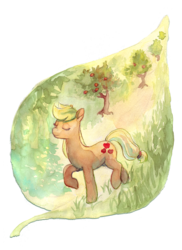Size: 689x947 | Tagged: safe, artist:pigeonfeather, applejack, earth pony, pony, g4, eyes closed, female, solo