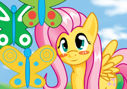 Size: 519x366 | Tagged: safe, artist:the-unicorn-lord, fluttershy, butterfly, pegasus, pony, g4, blush sticker, blushing, female, mare, smiling, solo, spread wings, three quarter view, wings