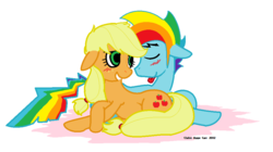 Size: 953x532 | Tagged: safe, artist:claireannecarr, applejack, rainbow dash, g4, blushing, female, half r63 shipping, male, pregnant, rainbow blitz, rule 63, ship:appleblitz, ship:appledash, shipping, simple background, straight, tongue out