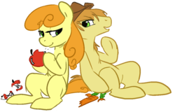 Size: 1052x672 | Tagged: safe, artist:php27, braeburn, carrot top, golden harvest, earth pony, pony, g4, apple, carrot, carrotburn, female, food, male, mare, shipping, simple background, stallion, straight, transparent background