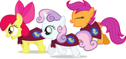 Size: 3999x1886 | Tagged: safe, artist:lumorn, apple bloom, scootaloo, sweetie belle, g4, cape, clothes, cmc cape, cutie mark crusaders, running, simple background, transparent background, vector