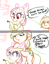 Size: 648x848 | Tagged: safe, artist:php27, apple bloom, applejack, earth pony, pony, g4, comic, dialogue, dishonorapple, female, filly, foal, hilarious in hindsight, mare, pear, pearlarious in hindsight, speech bubble, that pony sure does hate pears