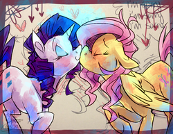 Size: 900x696 | Tagged: dead source, safe, artist:zobobafoozle, fluttershy, rarity, pegasus, pony, unicorn, g4, blushing, boop, cute, duo, eyes closed, female, floppy ears, heart, kissing, lesbian, mare, nose wrinkle, noseboop, raised hoof, ship:flarity, shipping, smiling, spread wings
