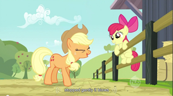 Size: 855x474 | Tagged: safe, screencap, apple bloom, applejack, earth pony, pony, g4, the last roundup, duo, duo female, female, filly, foal, hub logo, logo, mare, the hub, youtube caption