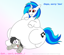 Size: 1937x1667 | Tagged: safe, artist:duragan, dj pon-3, octavia melody, vinyl scratch, earth pony, pony, unicorn, g4, adorafatty, bottom heavy, crushing, cute, duo, fat, female, mare, morbidly obese, obese, sitting, sitting on person, sitting on pony, vinyl fat, wrong eye color