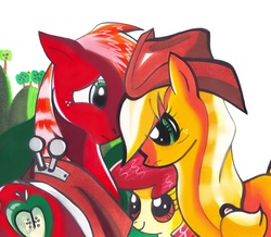 Size: 650x566 | Tagged: safe, artist:aurora-chiaro, apple bloom, applejack, big macintosh, earth pony, pony, g4, apple siblings, apple sisters, applejack's hat, brother and sister, cowboy hat, female, filly, foal, hat, male, mare, siblings, sisters, stallion