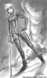 Size: 768x1280 | Tagged: safe, artist:johnjoseco, rainbow dash, human, g4, crossover, female, gantz, grayscale, humanized, monochrome