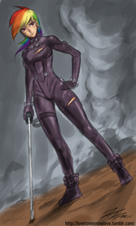 Size: 768x1280 | Tagged: safe, artist:deeriojim, artist:johnjoseco, rainbow dash, human, g4, colored, female, gantz, humanized, solo, sword