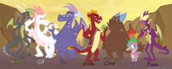 Size: 1191x477 | Tagged: safe, artist:peachiekeenie, baff, clump, fizzle, garble, spear (g4), spike, vex, dragon, ask garble, g4, belly, belly button, male, outdoors, sharp teeth, spread wings, tail, teenaged dragon, teeth, wings
