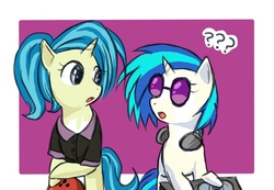 Size: 650x450 | Tagged: safe, artist:yubi, allie way, dj pon-3, vinyl scratch, pony, unicorn, g4, bowling ball, duo, female, headset, looking at each other, looking at someone, mare, open mouth, question mark