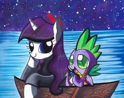 Size: 618x491 | Tagged: safe, artist:aurora-chiaro, rarity, spike, dragon, pony, unicorn, g4, beatnik rarity, beret, boat, clothes, duo, female, hat, interspecies, male, mare, ocean, ship:sparity, shipping, starry night, straight, water