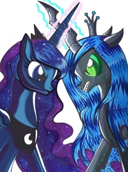 Size: 502x674 | Tagged: dead source, safe, artist:aurora-chiaro, princess luna, queen chrysalis, changeling, changeling queen, g4, crown, duo, female, glowing, glowing horn, horn, jewelry, looking at each other, mare, regalia
