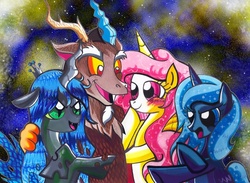 Size: 721x527 | Tagged: safe, artist:aurora-chiaro, discord, princess celestia, princess luna, queen chrysalis, alicorn, changeling, changeling queen, draconequus, pony, g4, blushing, female, group, implied dislestia, implied shipping, implied straight, male, mare, quartet