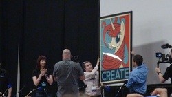 Size: 1000x563 | Tagged: safe, oc, oc:fausticorn, human, bronycon, bronycon 2012, irl, irl human, lauren faust, photo, poster