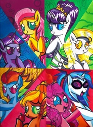 Size: 504x686 | Tagged: safe, artist:aurora-chiaro, applejack, derpy hooves, dj pon-3, fluttershy, pinkie pie, rainbow dash, rarity, twilight sparkle, vinyl scratch, pegasus, pony, g4, alternate hairstyle, female, mare