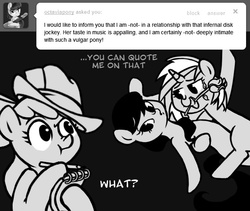 Size: 634x536 | Tagged: safe, artist:myslipox, apple bloom, dj pon-3, octavia melody, vinyl scratch, earth pony, pony, unicorn, ask gabby gums, g4, ask, dancing, dipping, female, flower in mouth, grayscale, hat, lesbian, monochrome, notepad, pencil, rose, rose in mouth, ship:scratchtavia, shipping