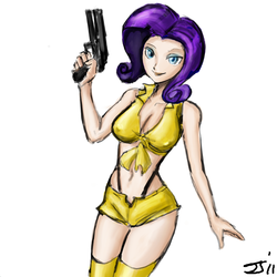 Size: 1280x1280 | Tagged: safe, artist:johnjoseco, artist:michos, color edit, edit, rarity, human, g4, belly button, breasts, clothes, colored, cosplay, costume, cowboy bebop, crossover, faye valentine, female, humanized, socks, solo, thigh highs