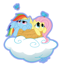 Size: 510x596 | Tagged: safe, artist:dinkelion, fluttershy, rainbow dash, bird, pegasus, pony, g4, cloud, duo, female, looking at something, looking up, nest, simple background, transparent background