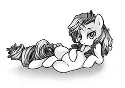 Size: 1280x905 | Tagged: safe, artist:myslipox, rarity, pony, unicorn, g4, cute, female, grayscale, looking at you, lying down, mare, monochrome, solo