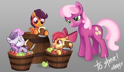 Size: 2835x1653 | Tagged: dead source, safe, artist:myslipox, apple bloom, cheerilee, scootaloo, sweetie belle, earth pony, pegasus, pony, unicorn, g4, apple, barrel, cider, cutie mark crusaders, female, filly, mare