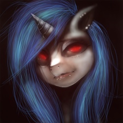 Size: 600x600 | Tagged: safe, artist:jcharlesmachiavelli, dj pon-3, vinyl scratch, pony, undead, unicorn, vampire, g4, bust, creepy, looking at you, nightmare fuel, red eyes, simple background, uncanny valley