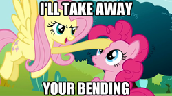 Size: 625x351 | Tagged: safe, edit, edited screencap, screencap, fluttershy, pinkie pie, earth pony, pegasus, pony, g4, putting your hoof down, amon, dialogue, duo, duo female, female, image macro, mare, the legend of korra