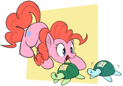 Size: 1819x1273 | Tagged: safe, artist:mister-markers, pinkie pie, earth pony, pony, turtle, g4, abstract background, cute, diapinkes, looking at something, looking down, open mouth