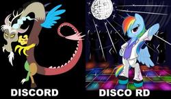 Size: 500x290 | Tagged: safe, discord, rainbow dash, draconequus, pegasus, pony, g4, disco, disco ball, disco dance, disco rd, female, know the difference, male, mare, pun, rainbow dash always dresses in style