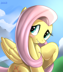 Size: 899x1024 | Tagged: safe, artist:skyart301, fluttershy, pegasus, pony, g4, blushing, cloud, cute, female, mare, sitting, sky, solo