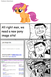 Size: 849x1262 | Tagged: safe, scootaloo, human, pegasus, pony, derpibooru, g4, clothes, comic, comic sans, eyes closed, female, filly, frown, gasp, google, grammar error, male, meta, necktie, open mouth, poni, ponibooru, sad, speech bubble, suit, text, url, wet mane, wide eyes, wings