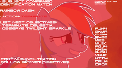 Size: 1225x685 | Tagged: safe, rainbow dash, g4, female, filter, mare, offscreen character, pov, skynet, smiling, terminator