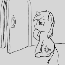 Size: 512x512 | Tagged: artist needed, safe, lyra heartstrings, pony, unicorn, g4, door, female, mare, monochrome, solo